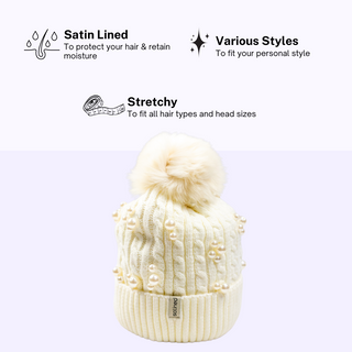 White Beaded Satin Lined Beanie With Pom