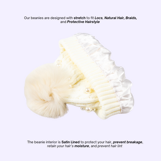 White Beaded Satin Lined Beanie With Pom