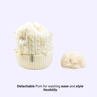 White Beaded Satin Lined Beanie With Pom