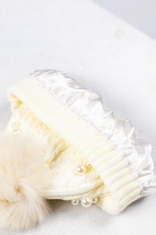 White Beaded Satin Lined Beanie With Pom