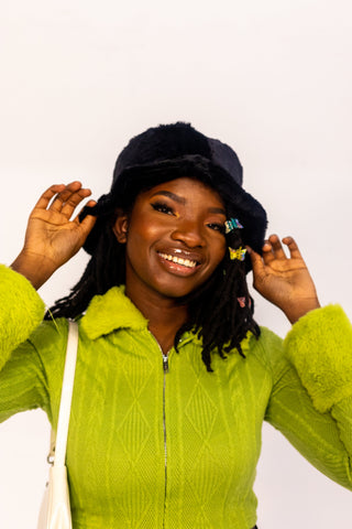 Black Vegan Fur Satin Lined Bucket Hat