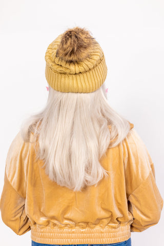 Tan Satin Lined Beanie With Pom