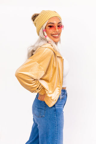 Tan Satin Lined Beanie With Pom