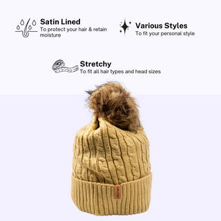 Tan Satin Lined Beanie With Pom