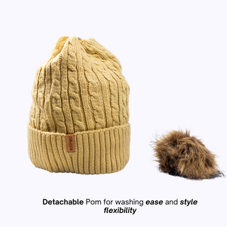 Tan Satin Lined Beanie With Pom