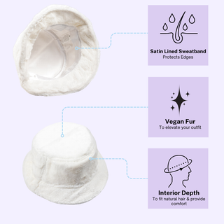 White Vegan Fur Satin Lined Bucket Hat