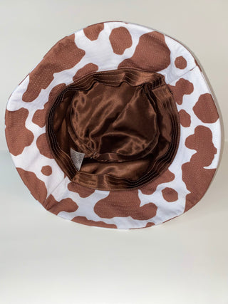 Brown Cow Print Satin Lined Bucket Hat