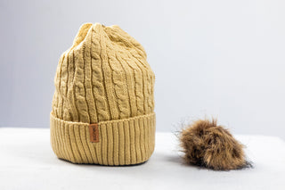 Tan Satin Lined Beanie With Pom