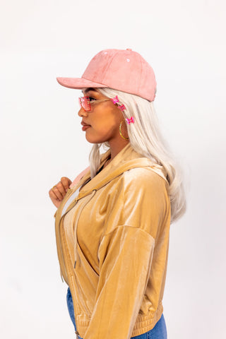 Pink Vegan Suede Satin Lined Baseball Cap