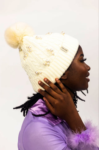 White Beaded Satin Lined Beanie With Pom